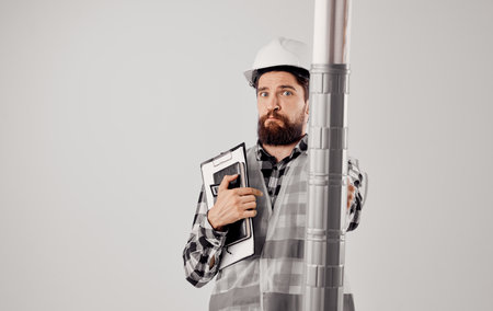 3d virtual reality glasses orange hard hat man in plaid shirt internet constructionの写真素材