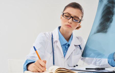 A nurse in a medical gown with an X-ray sits at a table in the officeの写真素材