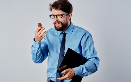 Business man in shirt with tie finance exchange Bitcoin technologyの写真素材