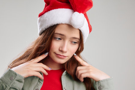 girl in a christmas cap touches her face with her fingers on a gray background close-upの写真素材