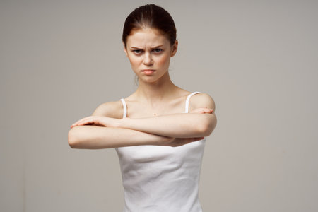 disgruntled woman elbow pain massage health studioの写真素材