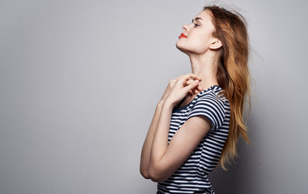 pretty woman striped t-shirt charm studio decoration side view