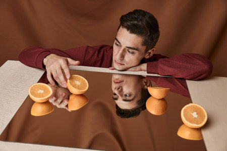 A man examines oranges on a mirror indoors and a fabric backgroundの写真素材