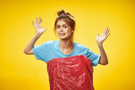 Woman with trash bag ecology pollution cleaning