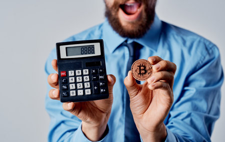 Business man with cryptocurrency calculator emotions technology economyの写真素材