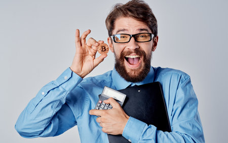 Business man financier in glasses economy technology cryptocurrency