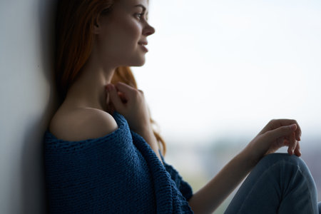 pretty woman blue plaid interior comfort charmの写真素材