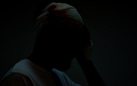 man with bandaged head health problems medicine hospitalの写真素材