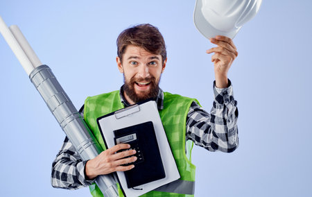 emotional man builder engineer blueprints work professionalの写真素材