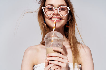 Attractive woman in glasses fashion decoration fun studio cropped viewの写真素材