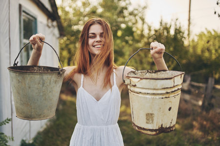woman with buckets in her hands outdoors near a light building farm village private propertyの写真素材