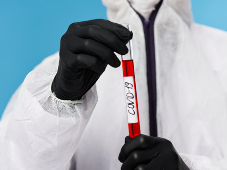 Laboratory black gloves blood test biochemistry research close-upの写真素材