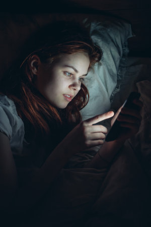 woman lying in bed with phone in hand watching news before bedtimeの写真素材