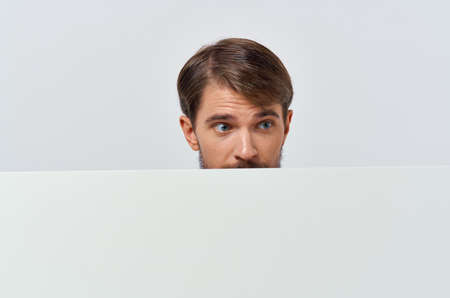 man in shirt advertising Copy Space mockup poster close-up