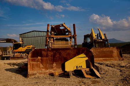 industrial work iron bulldozer bridge construction excavation sand road