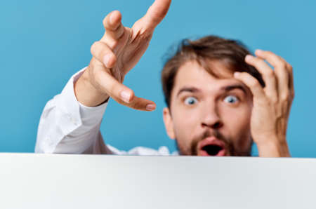 emotional bearded man advertising billboard presentation official cropped view