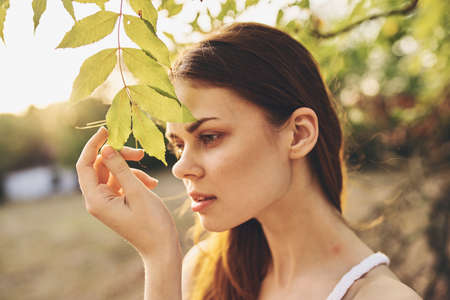 cute woman in a dress examines the leaves on the trees in nature in the gardenの写真素材