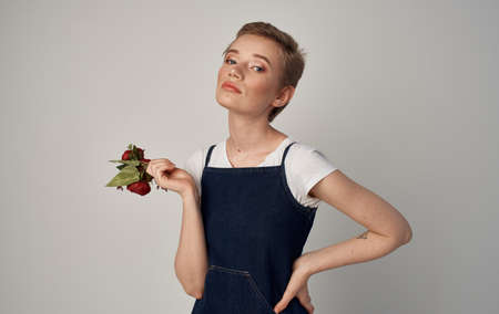 Beautiful woman glamor cosmetics short haircut Gray backgroundの写真素材