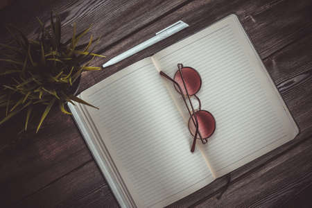open notepad with pen and office glasses mobile phone flower in a pot top view interiorの写真素材