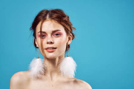 attractive woman bare shoulders fluffy series glamor bright makeupの写真素材