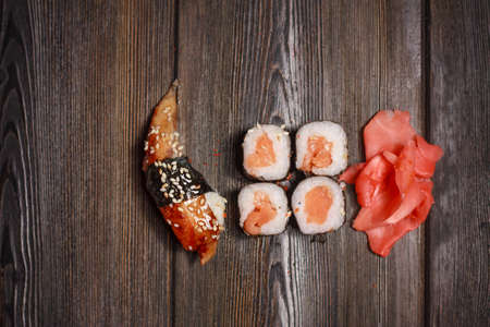 asian cuisine sushi rolls tradition ginger wooden tableの写真素材