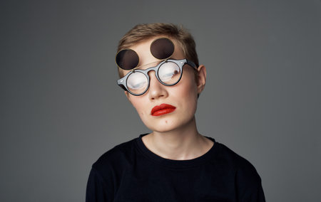 pretty woman attractive look red lips glasses fashion studio