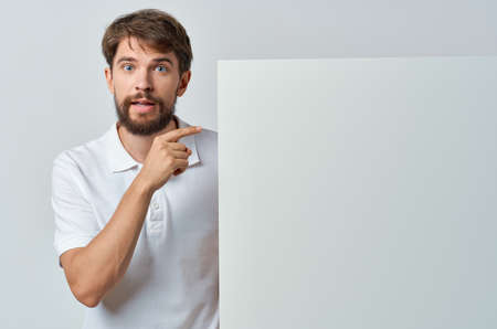 bearded man holding white banner copy space advertising executive poster