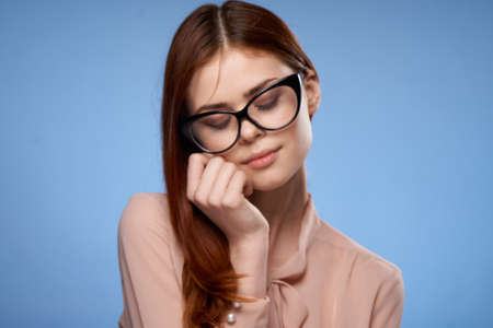 beautiful woman charm hand near face glasses studio attractiveness