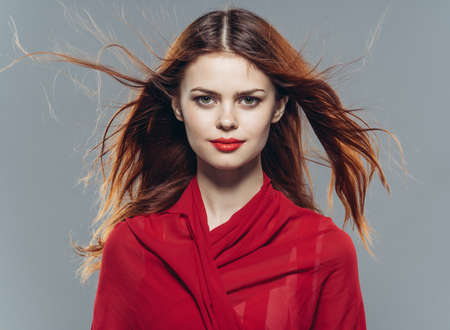 pretty woman red shawl glamor luxury studio fashionの写真素材