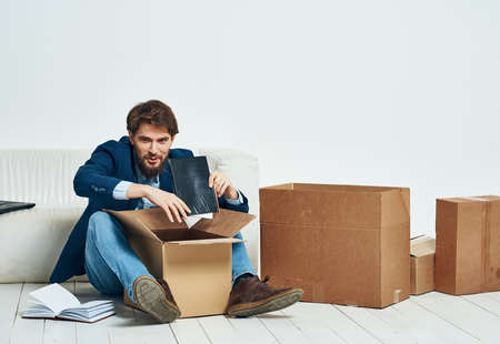 Business man boxes with things moving office lifestyle officialの写真素材