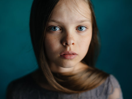 Portrait of a beautiful little girl in a gray dress on a blue background close-up cropped view of the modelの写真素材