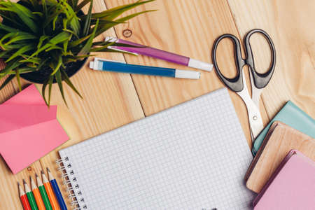 notepad colorful pencils scissors school crafts stationeryの写真素材