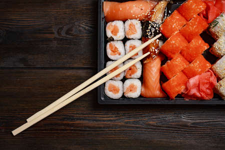 asian cuisine sushi rolls tradition ginger wooden tableの写真素材