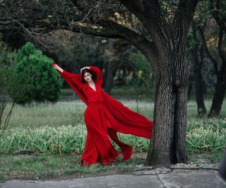 elegant woman in red dress posing near tree luxury summerの写真素材