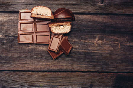 wooden table chocolate bar marshmallow delight cocoa sweets energy