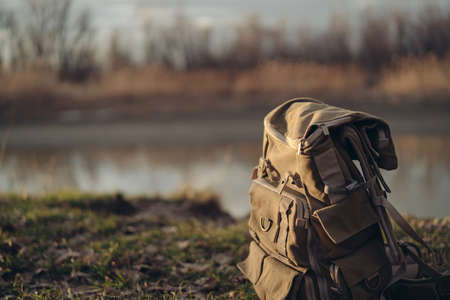 folding chair lakeside travel landscape leisure tourismの写真素材