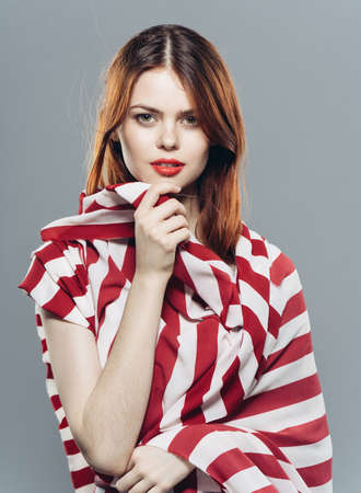 pretty woman striped shawl charm red lips luxuryの写真素材