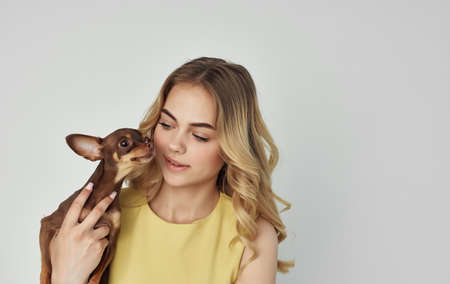 A cheerful blonde in a yellow dress is holding a purebred dog in her hands