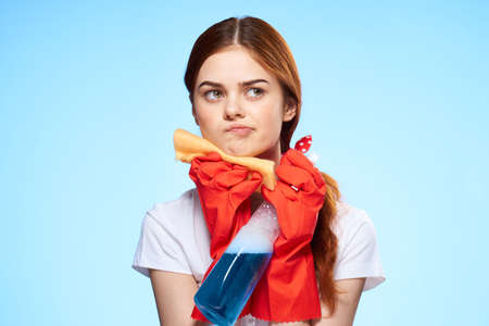 funny cleaning lady rubber gloves detergents service housework