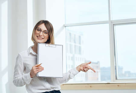 room woman business documents interior window model