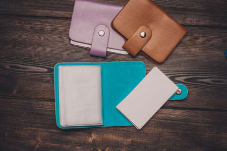 multicolored business card holders card storage accessoire finance wood backgroundの写真素材