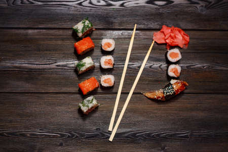 sushi set rolls chopsticks food ration wasabi delicacyの写真素材