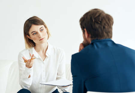 Woman and man suit documents communication people vacancies resumeの写真素材