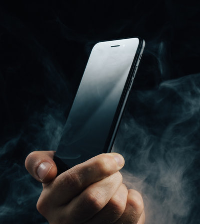 touchscreen mobile phone new technology touch on dark backgroundの写真素材