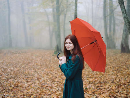 Pretty woman red umbrella walk in autumn in the forest with fog yellow leavesの写真素材