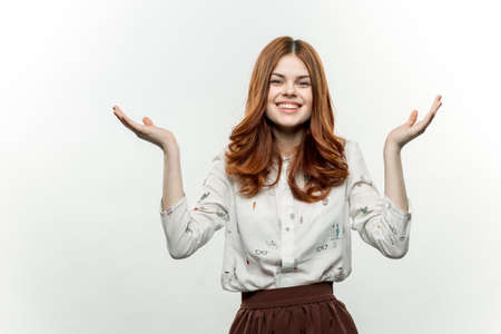 emotional woman gesturing with hands lifestyle studio isolated background model