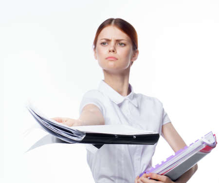 Business woman with documents secretary working officeの写真素材