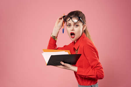 Elegant woman red shirt documents secretary emotions professional