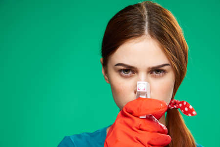red-haired woman cleaning lady detergent service professional