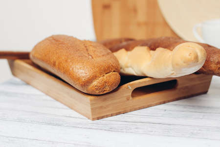 fresh baked loafs in the kitchen bread bin mealの写真素材